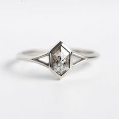 Lucia Salt & Pepper Diamond Hexagon Ring Salt And Pepper Hexagon Ring, Salt Pepper Diamond Ring, Salt And Pepper Diamond Ring Engagement, Split Shank Diamond Ring, Geometric Engagement Ring, Non Traditional Wedding Ring, Hexagon Diamond Ring, Engagement Ring Bezel, Hexagon Engagement Ring