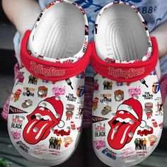 Breathable Rolling Stones White Clogs For Kids & Adults Fun Slip-on Synthetic Clogs, Fun White Slip-on Clogs, Fun Synthetic Slip-on Clogs, Rolling Stones Music, White Clogs, Crocs Crocband, Crocs Clogs, Fan Style, Clog Slippers