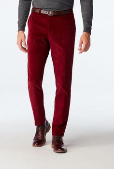 These casual, heavyweight corduroy red pants are made from one of this season's most popular fabrics. Perfect for dressing down a blazer or dressing up your usual jeans-and-tee look, the Flaxton is the ideal all-rounder. Classic Red Bottoms For Fall, Fitted Burgundy Pants For Winter, Fitted Velvet Winter Pants, Winter Fitted Velvet Pants, Fitted Velvet Pants For Winter, Winter Velvet Fitted Pants, Classic Red Bottoms For Winter, Classic Red Winter Bottoms, Red Straight Leg Corduroy Bottoms