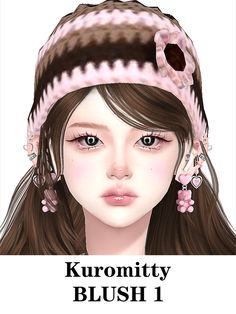 a girl with long brown hair wearing a pink hat and earrings on it's head