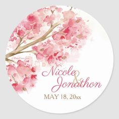 a wedding sticker with pink flowers on it