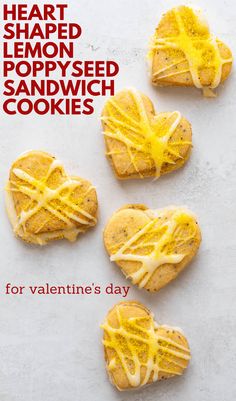 heart shaped lemon poppy seed sandwich cookies for valentine's day with text overlay