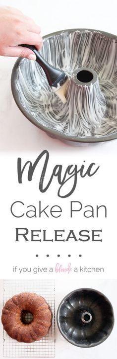 a cake pan that is being used to make a donut dish with the words magic cake pan release above it