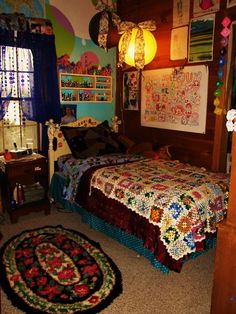 a bedroom with a bed and rugs on the floor