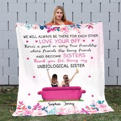 PRICES MAY VARY. PERSONALIZED BLANKET: This beautiful and fashionable Best Friend blanket is designed for luxurious feel and elegance, perfect for personal and thoughtful gifts for Best Friends, Bff, Besties, Female Friends, Soul Sisters, Unbiological Sisters, Women. Blanket gift for Friendship Day / Long Distance Friendship / Galentine's Day / Friendship Keepsake or just because gift too! PREMIUM CUSTOM BLANKET: The customized Best Friend comfort fleece blanket is made of 100% polyester, luxuri Unbiological Sister, Long Distance Friendship, Friendship Humor, Female Friends, True Friendship, Soul Sisters, Just Because Gifts, Personalised Blankets, Decorative Blankets