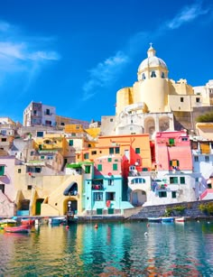 colorful buildings on the shore of a body of water