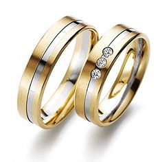 two gold wedding rings with diamonds on each one and the other in different sizes,