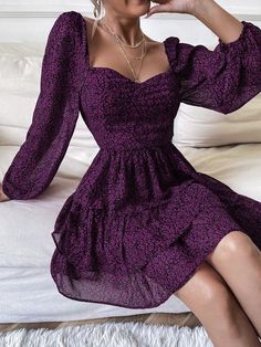 Purple Dress Outfits, Purple Dress Casual, Floral Lantern, Purple Short Dress, Hoco Dresses Long, Floral Dress Outfits, Chiffon Dress Short, Hoco Dresses Long Sleeve, Chiffon Dress Long