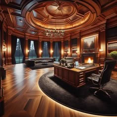 an elegant office with wood paneling and chandelier