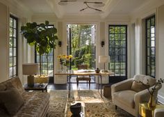 a living room filled with furniture and windows next to a large window covered in plants