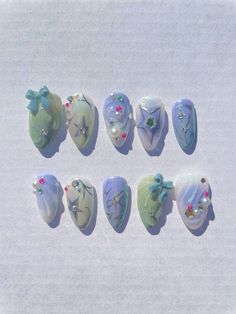 Celixxu.nails on instagram #nails #nailart #naildesign #pressonnails #nailsideas #y2knails #cutenails Green And Blue Nail Ideas, Green Blue Nails, Green And Blue Aesthetic, Kitsch Nails, Blue And Green Nails, Green Nail Art, Gel Nails Diy