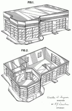 two drawings of an old fashioned house and a new one with the first floor cut out