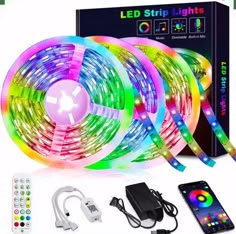 the smart led strip light with remote control is shown in front of a box and various accessories