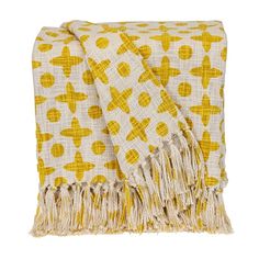 a yellow and white blanket with hearts on it