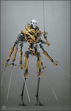 a robot that is holding two swords in its hand and wearing gold armor with silver accents