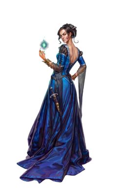 a woman in a blue dress holding a wand