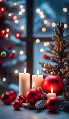 christmas decorations and candles sit in front of a window