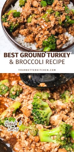 the best ground turkey and broccoli recipe with rice in a skillet on top