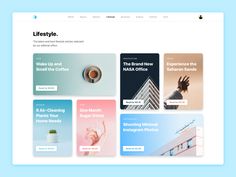 the homepage for lifestyle is displayed on a blue background with images and text