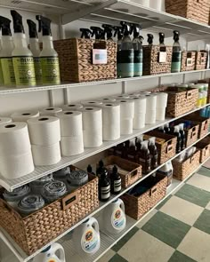 the shelves are filled with different types of toiletries