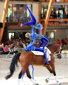 a person riding on the back of a brown horse in front of a large crowd