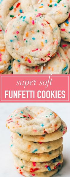 a stack of cookies with sprinkles on top and the words super soft funfetti cookies above it