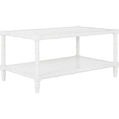 a white coffee table with two shelves on each side and one shelf below the top