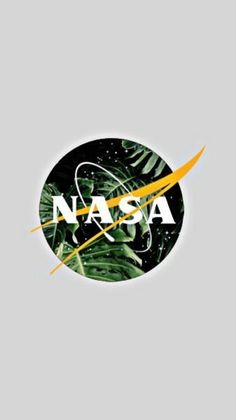 the nasa logo on a gray background with yellow and orange lines in front of it