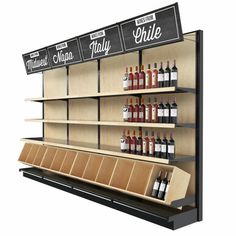 an empty shelf with wine bottles and other items on it in front of a white background