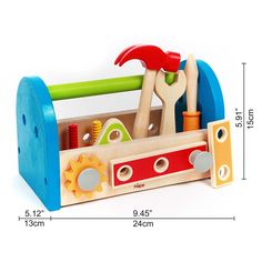 a toy tool box with tools in it on a white background and measurements for the contents