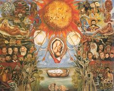 an image of a painting with many people around it and the sun in the middle