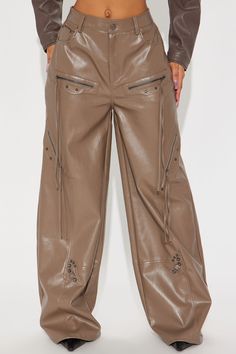 Available In Black And Taupe. Wide Leg Pant High Rise Button & Zip Closure Hand & Back Pockets Zipper Detail Studded Strap Detail Faux Leather Non Stretch 32" Inseam Pair Back to "Ria Faux Leather Jacket" Self: 55% Cotton 45% Polyurethane Lining: 100% Cotton Imported California Proposition 65 WARNING: Cancer and Reproductive Harm - www.P65Warnings.ca.gov. | Ria Faux Leather Pant in Taupe size XL by Fashion Nova Taupe Fashion, Leather Pant, Sweater Jumpsuit, Wide Leg Pant, Jean Top, Faux Leather Jacket, Faux Leather Pants, Halloween Dress, Zipper Detail