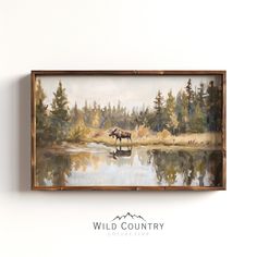 an oil painting of a moose by a lake