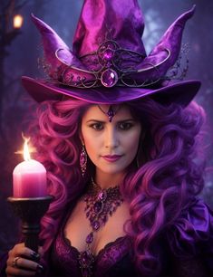 a woman wearing a purple hat and holding a candle