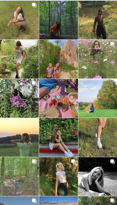 a collage of photos with people and animals in the grass, one woman is sitting on