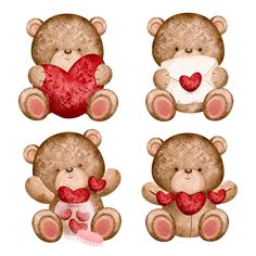 four teddy bears with hearts in their paws, one holding a heart and the other sitting down