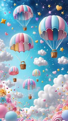 colorful hot air balloons floating in the sky with stars and clouds around them on a sunny day