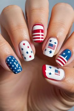 Rainbow Pride Nails, Pride Nail Ideas, Red White And Blue Nails, Pride Nail, White And Blue Nails, Simple Nail Design, Cute Easy Nail Designs, Patriotic Nails Design, Firework Nails