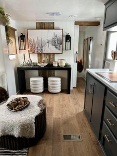 the kitchen is clean and ready to be used as a dining room or living room