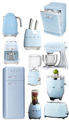 a collection of kitchen appliances including blenders and mixers