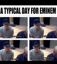 four different pictures of a man wearing a baseball cap with the caption'a typical day for emiem '