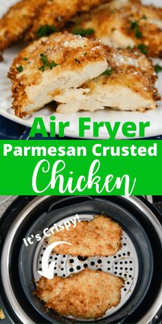 air fryer parmesan crusted chicken on a plate with the words air fryer parmesan crusted chicken