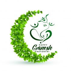 happy ganesh chaturth greeting card with green leaves in the shape of an elephant