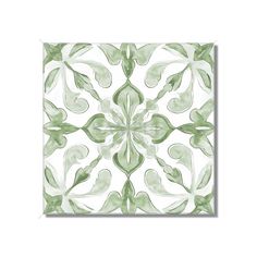 a green and white tile design with leaves on the bottom, in an abstract manner