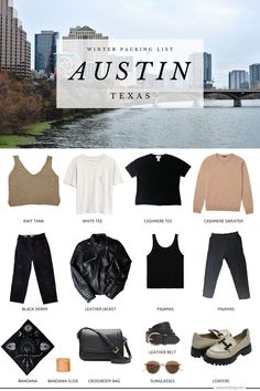 the top ten things to wear in texas, including black and white clothing with text overlay