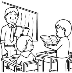 a black and white drawing of a teacher reading to his students