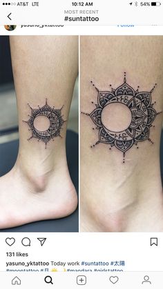 two pictures of the same person's foot with their tattoos on each one side