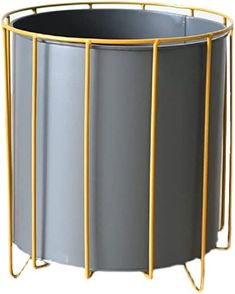 a round metal trash can with two yellow bars on the bottom and one in the middle