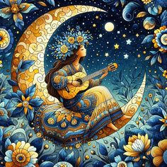 a painting of a woman sitting on top of a moon with flowers in her hair