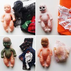 there are four different pictures of small dolls on the same page, each with their own body and head